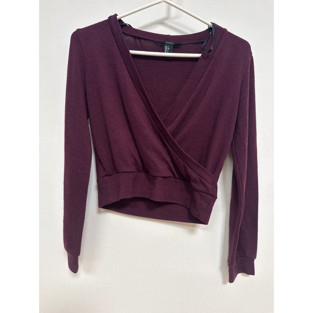 Forever 21 Burgundy Long Sleeve Faux Wrap Cropped Top Small